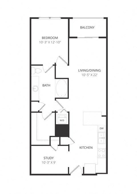 Floor plan for 1 bed, 1 bath, 912 sqft